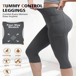 Women's Premium Tummy Control Capri Leggings Phone & Waist Pockets Grey S - XL